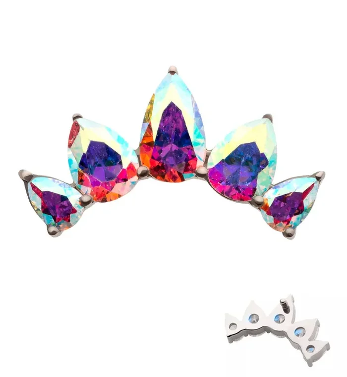 Half Crown Teardrop Rainbow Aurora CZ Internally Threaded Titanium Top