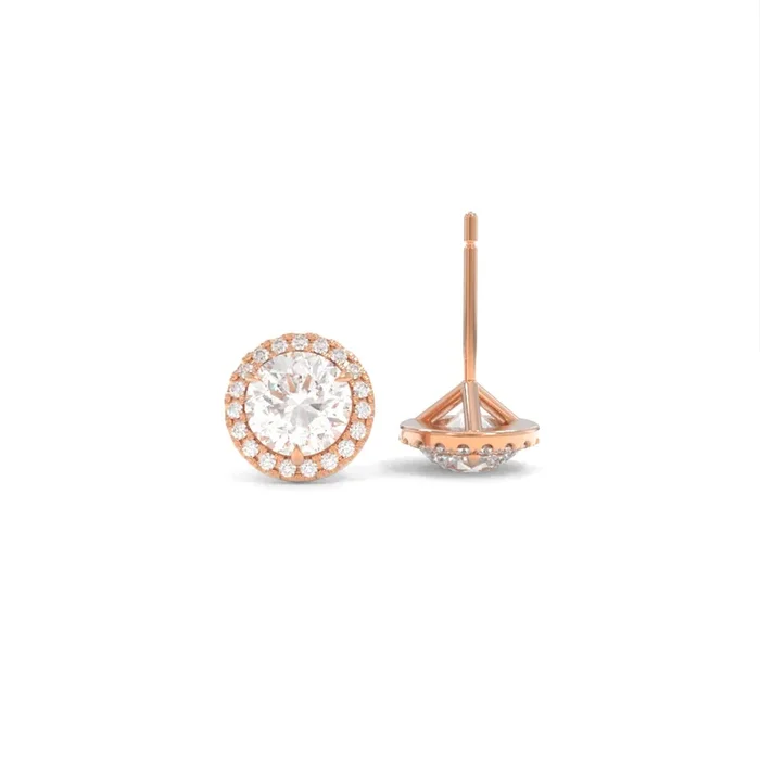 Halo Studs – 5mm Round Lab Grown Diamonds – 18K Rose Gold