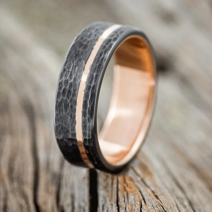 HAMMERED BLACK ZIRCONIUM & 14K GOLD INLAY WEDDING RING FEATURING A 14K GOLD BAND