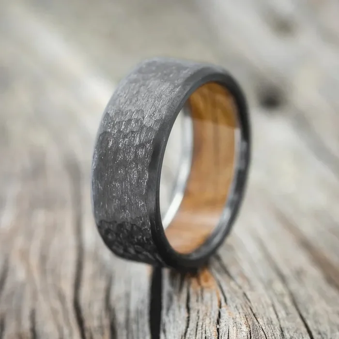 HAMMERED WEDDING BAND WITH WHISKEY BARREL LINING – BLACK ZIRCONIUM – SIZE 8 1/2