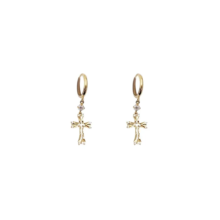 Hanging Cross CZ Huggie Earrings (14K)