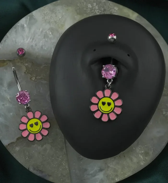 Happy Face Flower Pink CZ Stainless Steel Belly Button Ring