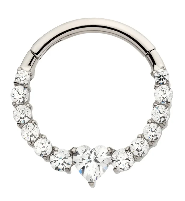 Heart Icicle Clear CZ Titanium Hinged Segment Ring
