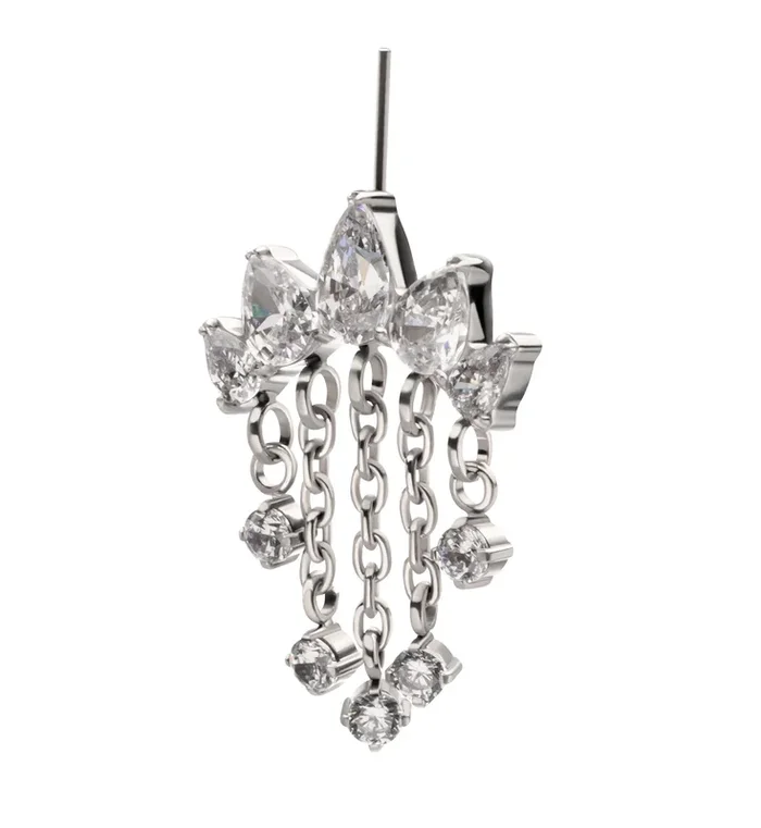 Hidden Curved Bar Teardrop Clear CZ Multi Dangle Titanium Threadless Top