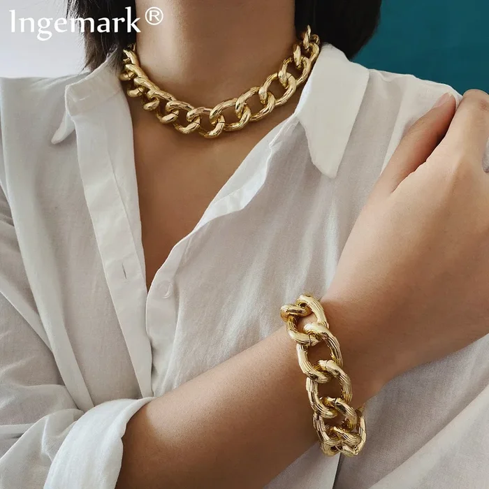 Hip Hop Exaggerated Cuban Big Chunky Chain Necklace & Pendant Bracelet NE+BA Steampunk Maxi Lock Choker Men Women Jewelry Set