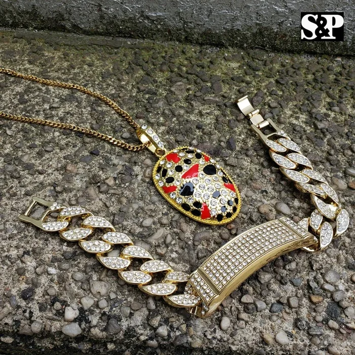 HIP HOP SLAUGHTER GANG LAB DIAMOND NECKLACE & ICED MIAMI CUBAN BRACELET SET