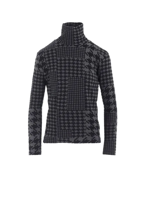 HOUNDSTOOTH UNBALANCED HIGH NECK LONG SLEEVE T