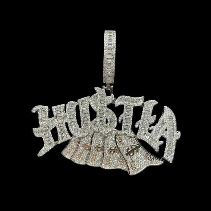 Hustla Money Stack Iced Out Letter Diamond Pendant Necklace