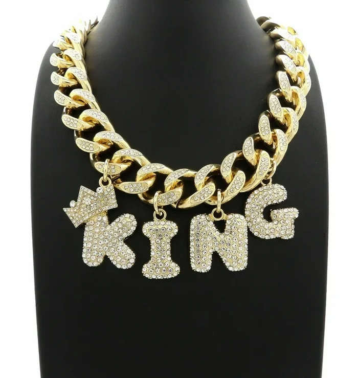 ICED BUBBLE LETTERS KING PENDANTS & 20″ BOX LOCK MIAMI CUBAN CHOKER CHAIN NECKLACE