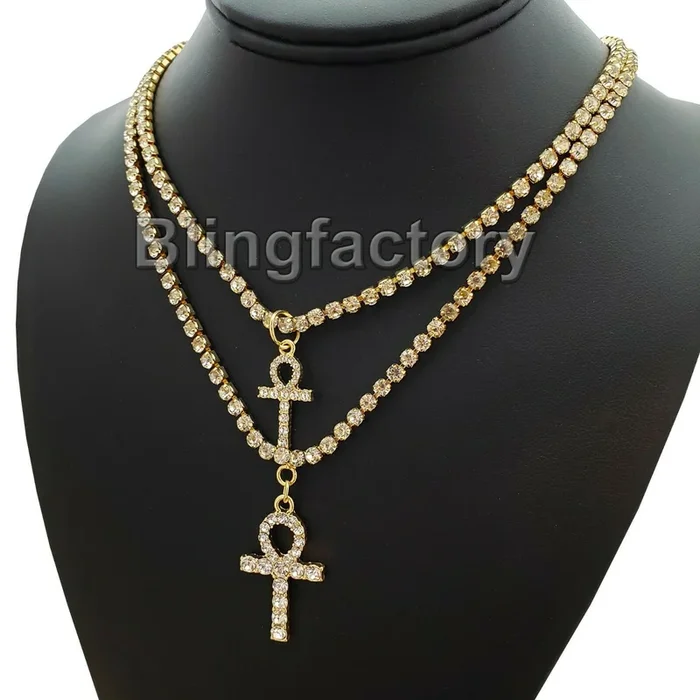 Iced Out Double Ankh Cross Pendant w/ 3mm 16″ & 18″ 1 Row Tennis Chain Necklace