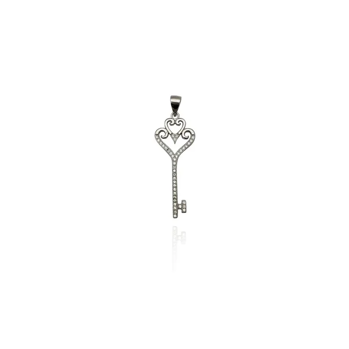 Iced-Out Double Heart Key CZ Pendant (Silver)
