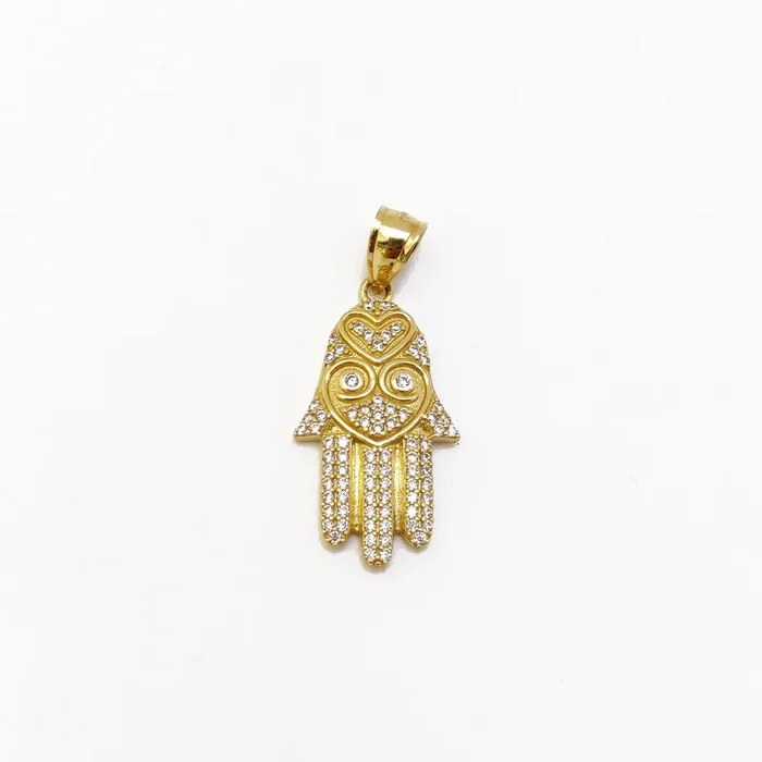Iced-Out Hamsa Hand with Heart CZ Pendant (14K).