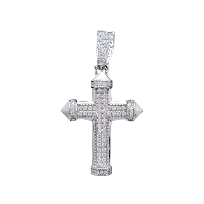 Iced-Out Inverted Nail Cross Pendant (Silver)