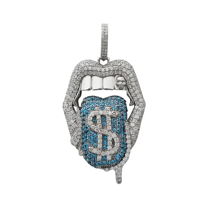 Iced-Out Mouth Lip Dollar Sign Tongue Pendant (Silver)