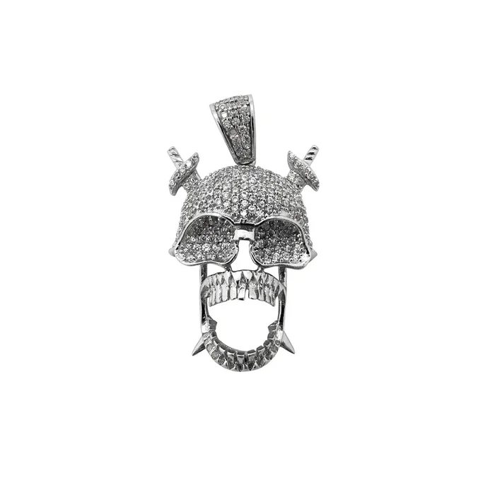 Iced-Out Skull with Crossed Sword Pendant (Silver)