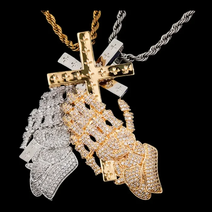 Iced Praying Hands Holding Cross Pendant