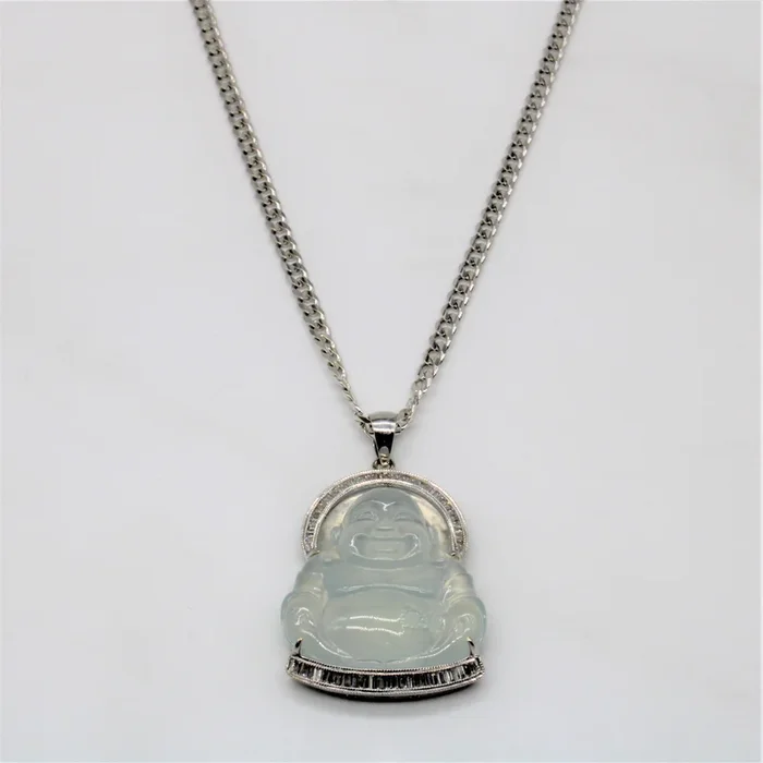 Icy Jadeite Buddha Necklace | 20.00ct, 0.57ctw | 24″ |