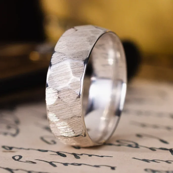(In-Stock) The Apollo | Men’s Hammered Silver Wedding Band – Size 8.25 | 7mm Wide
