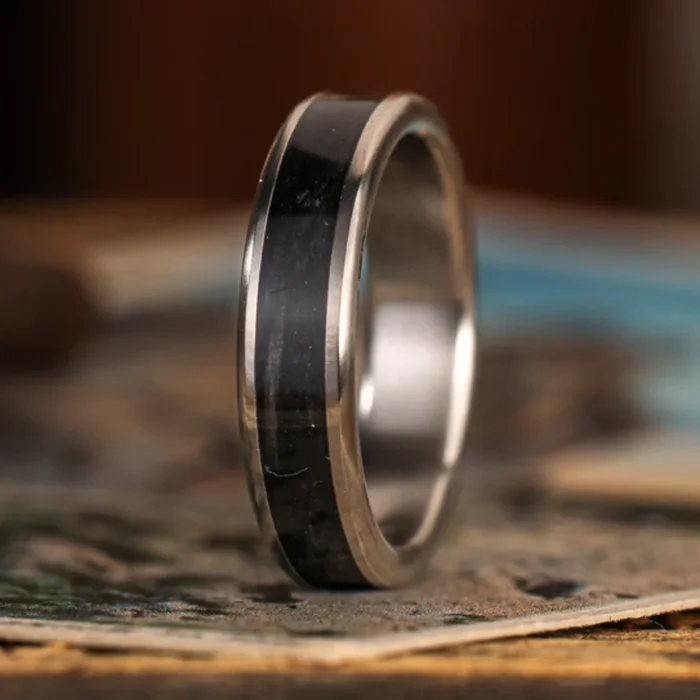 (In-Stock) The Speakeasy | Men’s Black Whiskey Barrel Wood & Titanium Wedding Band – Size 7 | 5mm Wide