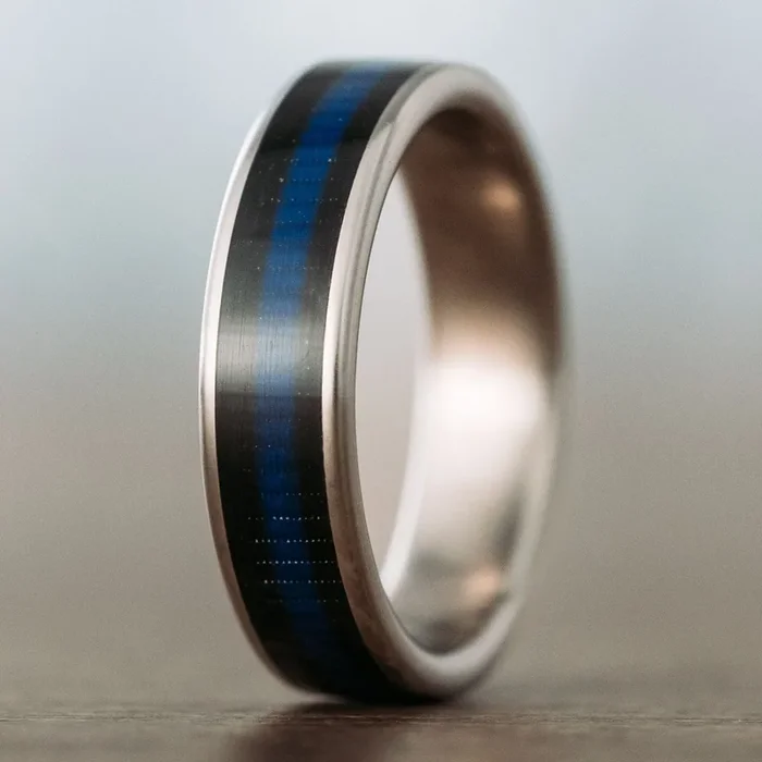 (In-Stock) The Tribute | Men’s Titanium Wedding Band with Blue Line & Black Ribbon – Size 11 | 6mm
