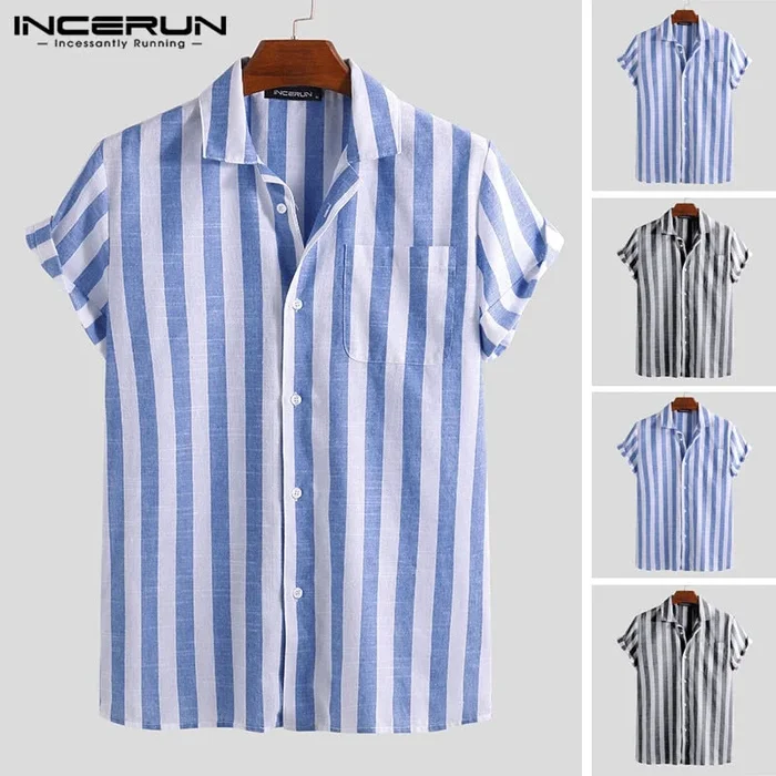 INCERUN 2020 Fashion Casual Shirt Men Striped Short Sleeve Lapel Neck Breathable Blouse Camisa Masculina Brand Shirts Men S-5XL