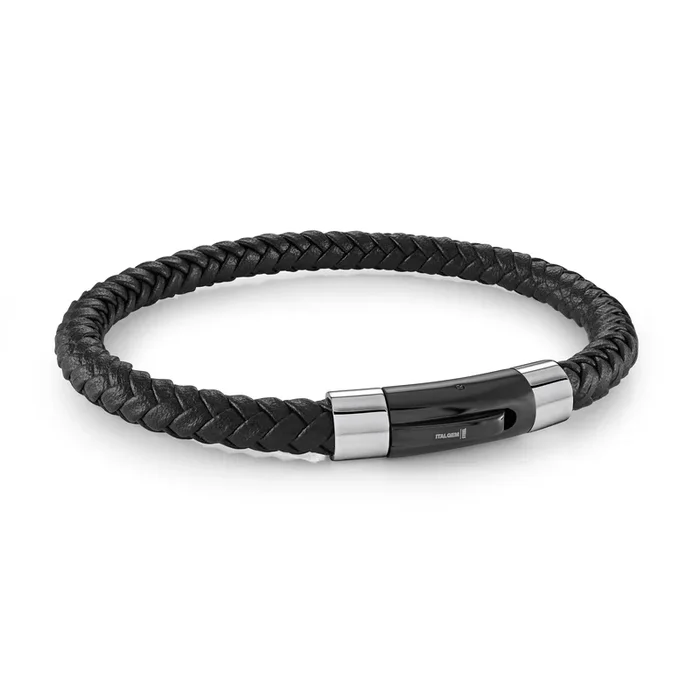 Italgem Men’s 8.25″ Steel Black Leather Bracelet
