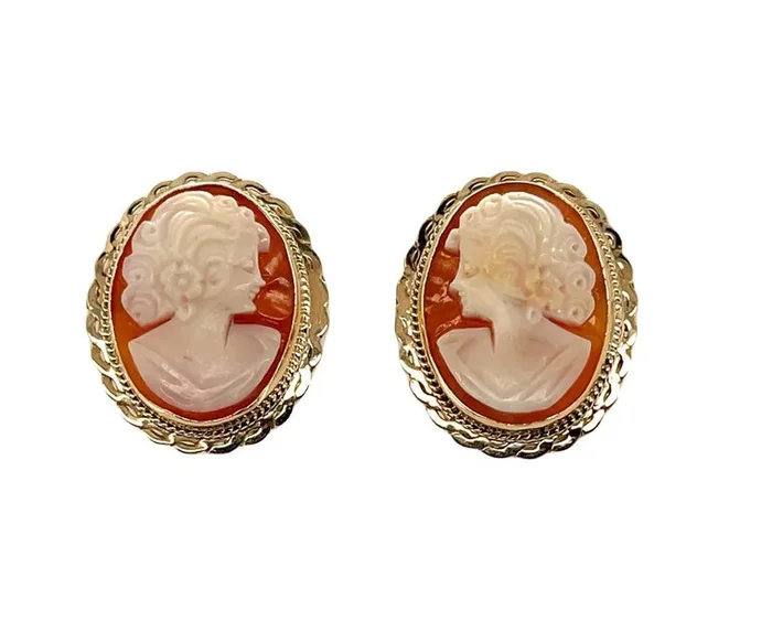 Italian Shell Cameo Yellow Gold Bezel Post Earrings