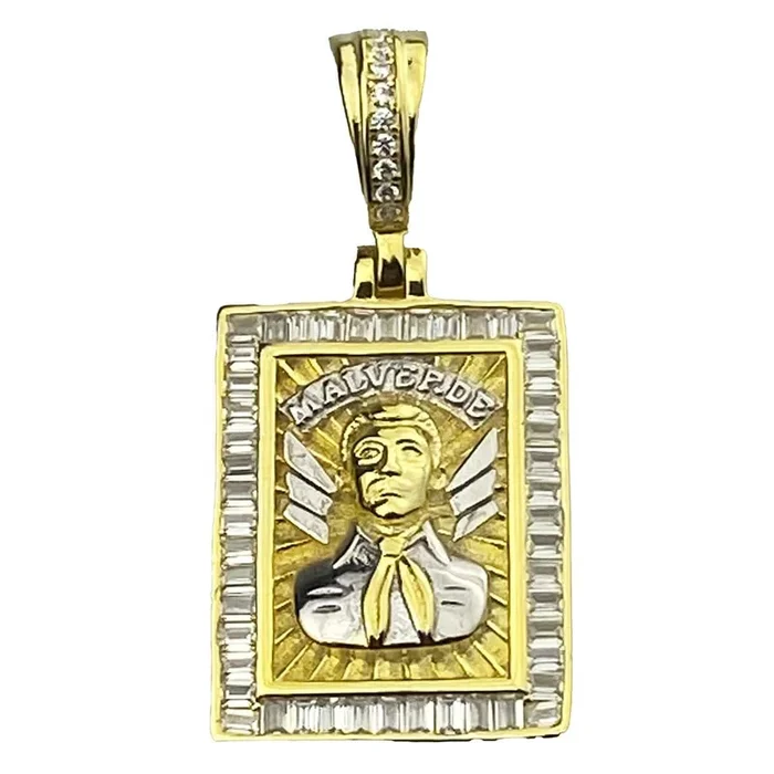 Jesus Malverde Square Pendant 925 Silver Gold Finish w/Silver Accents 1″