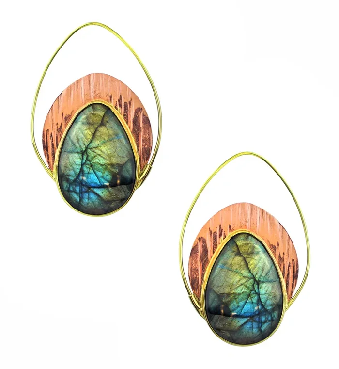 Labradorite Stone Rogue Brass Teardrop Hangers – Earrings