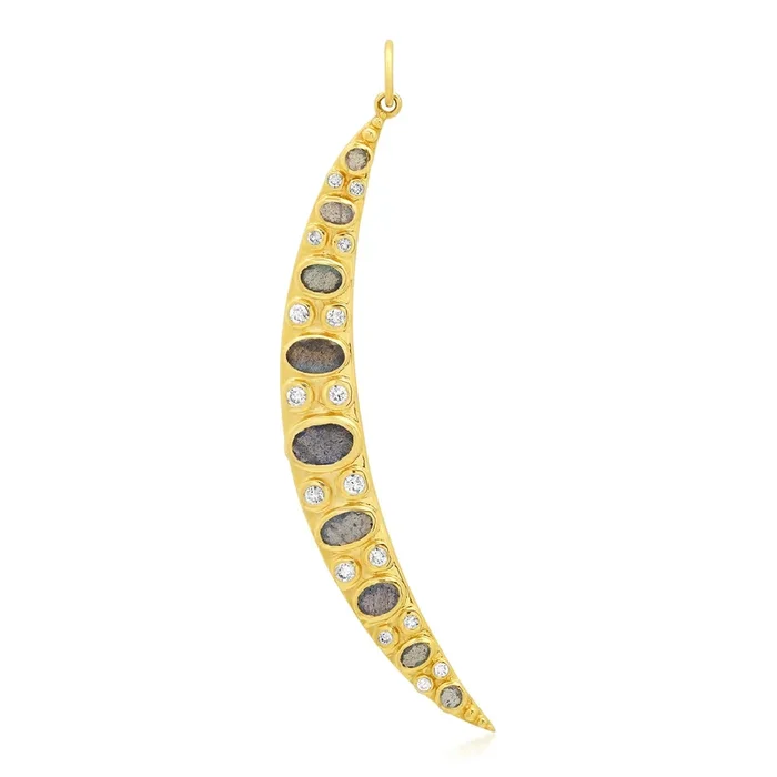 Labradorte Samurai Crescent Moon Diamond 14kt Gold