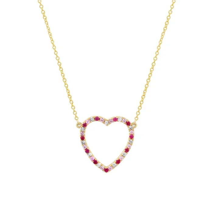 Large Diamond, Pink Sapphire and Ruby Open Heart Necklace