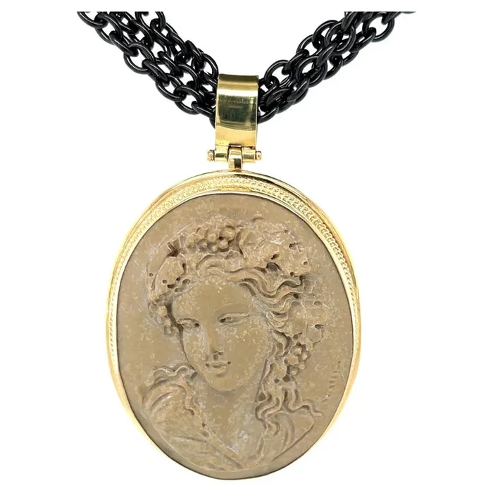 Lava Rock Cameo and 18k Gold Pendant with Triple Strand Blackened Steel Chain