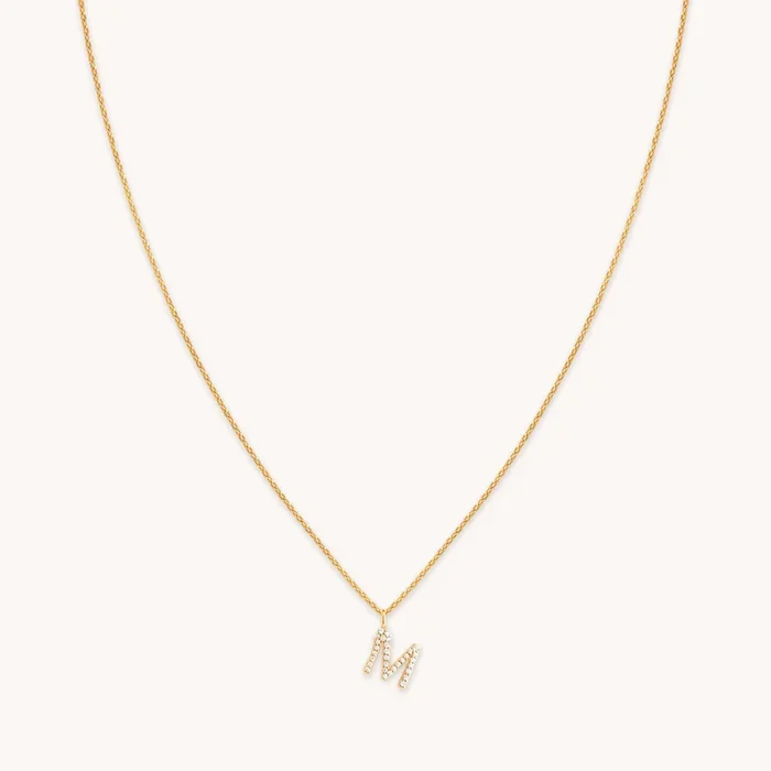 M Initial Pavé Pendant Necklace in Gold