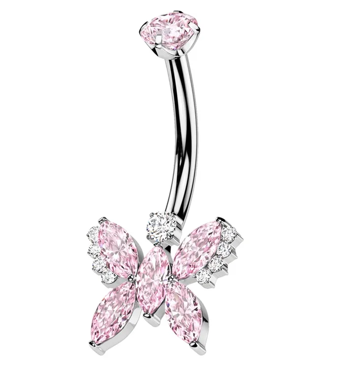 Marquise Butterfly Pink CZ Titanium Internally Threaded Belly Button Ring