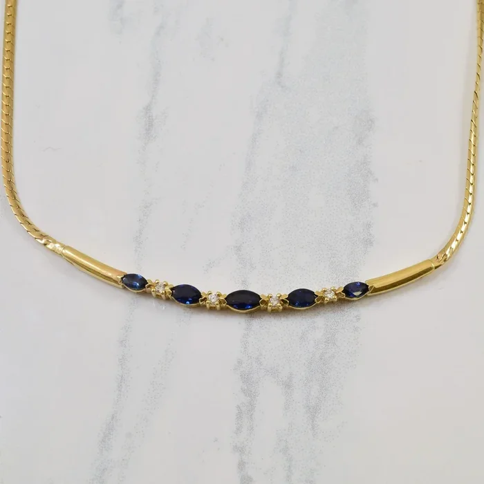 Marquise Sapphire & Diamond Bar Necklace | 0.75ctw, 0.08ctw | 16″ |
