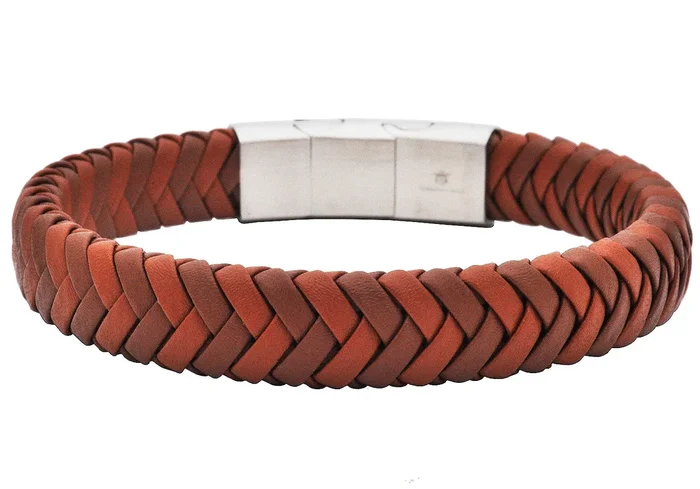 Men’s 2-Tone Brown Herringbone Stainless Steel Leather Bracelet