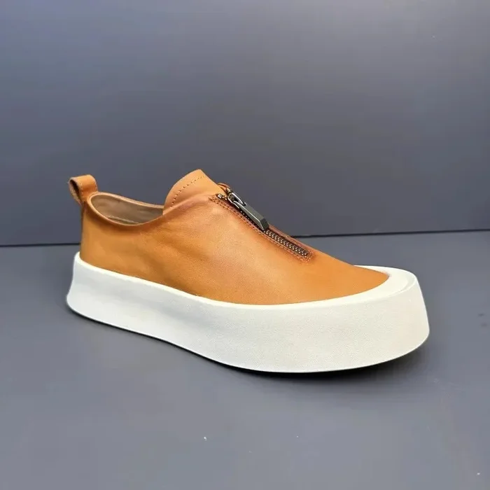 Men’s Casual Cowhide Genuine Leather Thick Platform Zipper Jogger Skateboard Sneakers