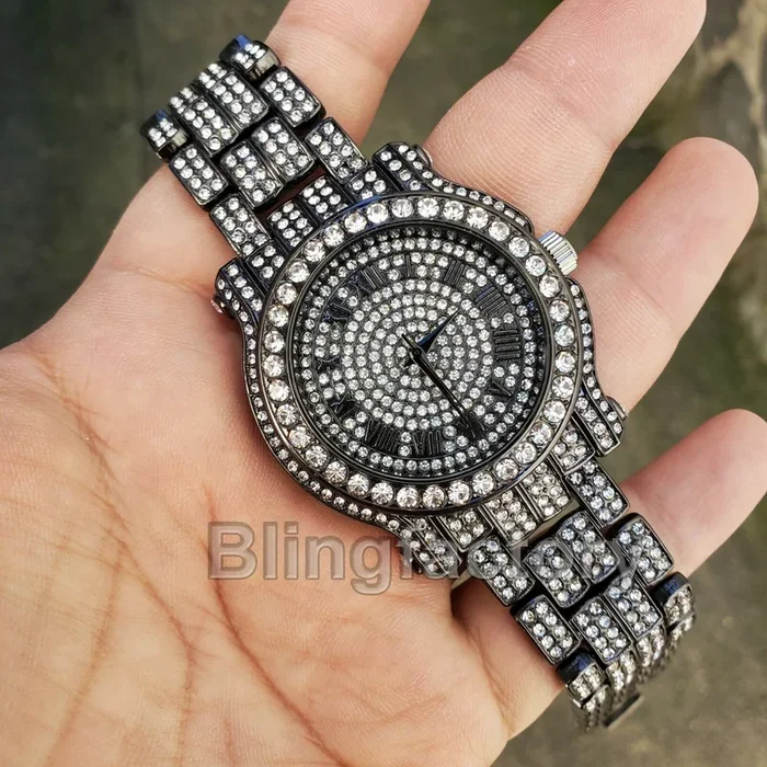 Men’s Hip Hop Iced Jet Black Bling Simulated Lab Diamond Rapper Metal Watch