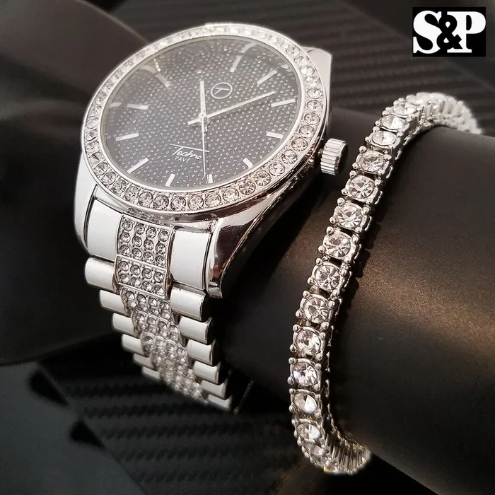 MEN’S HIP HOP WHITE GOLD PT LUXURY WATCH & 1ROW TENNIS BRACELET COMBO GIFT SET