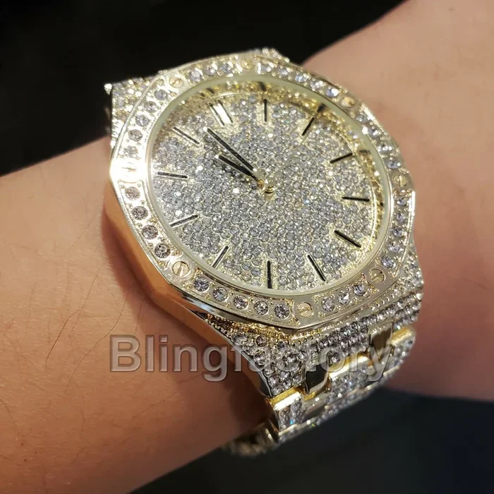 Men’s Luxury Designer Style Bling Gold Plated Simulated Diamond Bracelet Watch