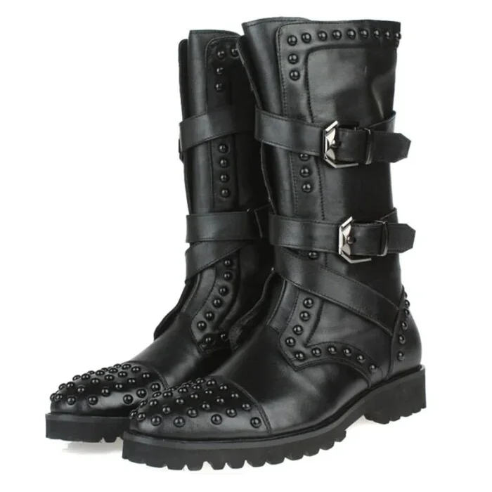 Men’s Punk Style Cowboy Genuine Leather Round Toe Knee-high Boots