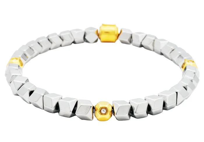 Men’s Two Tone Gold Stainless Steel Beaded Bracelet With Cubic Zirconia