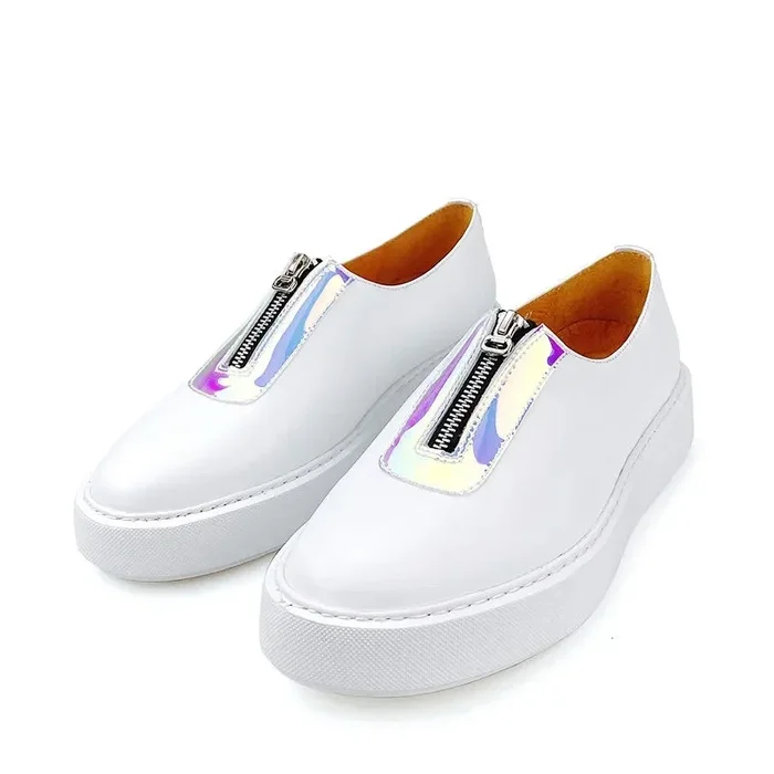 Men’s White Front Zipper Platform Heel Genuine Leather Casual Shoes