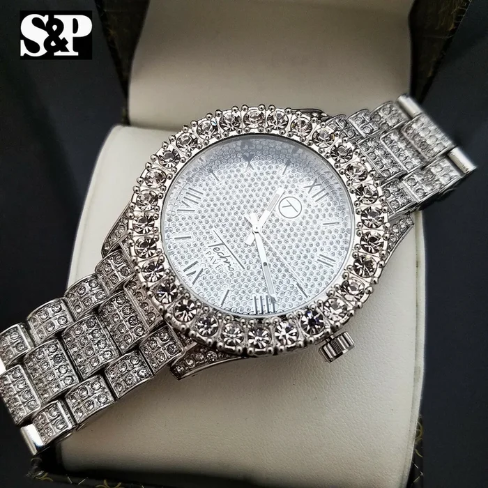 Men Hip Hop Iced Bling White Gold PT Rapper’s Bling Simulated Diamond Watch