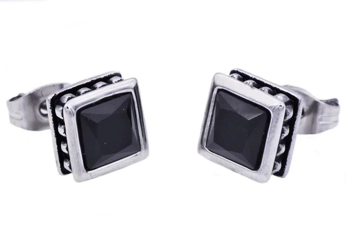 Mens 13mm Stainless Steel Stud Earrings With Black Cubic Zirconia
