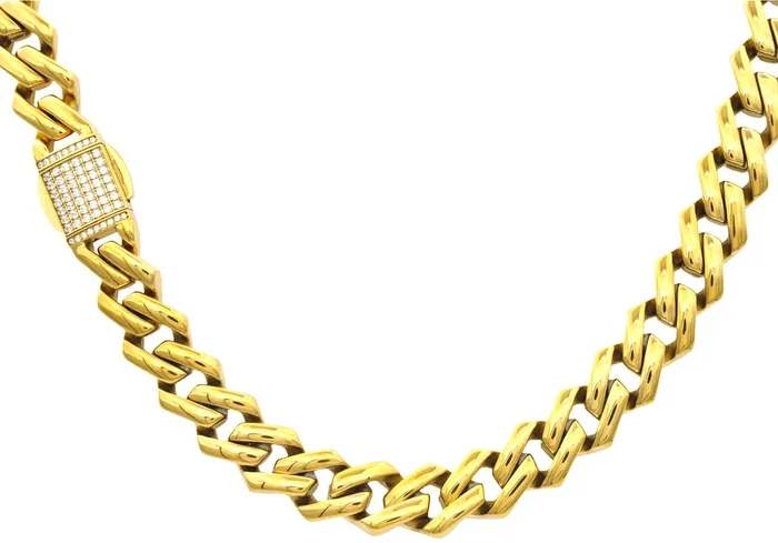Mens 14mm Gold Plated Stainless Steel Closed Link Curb Chain Necklace With Cubic Zirconia Embedded Box Clasp