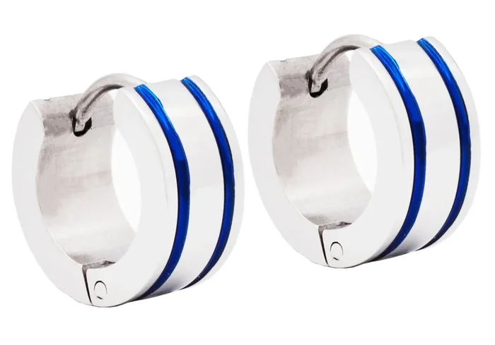 Mens 14mm Stainless Steel Blue Divoted Hoop Earrings