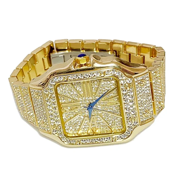 Mens Big Hip Hop Watch Square Face Blue Hands Iced Gold Finish 8″