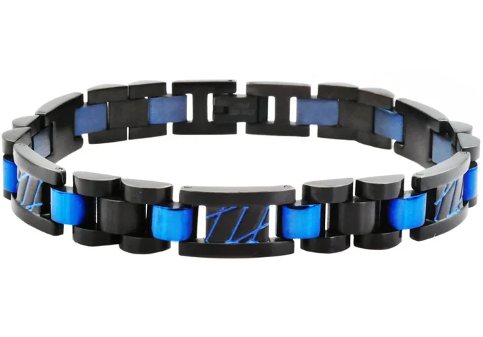 Mens Black And Blue Stainless Steel Link Bracelet With Blue Stripes