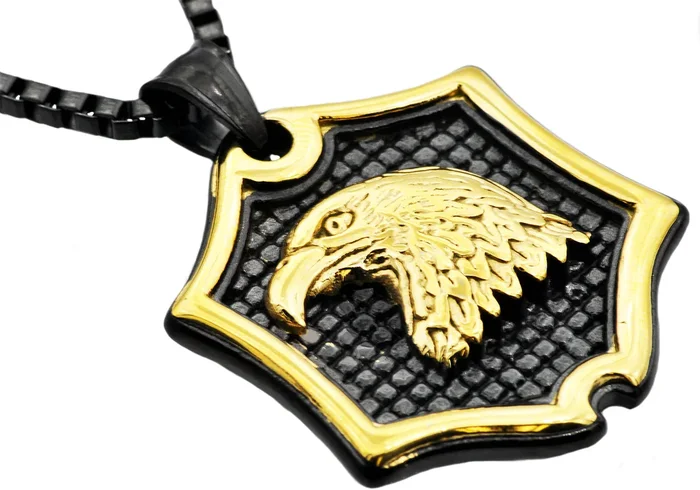 Mens Black And Gold Stainless Steel Eagle Pendant Necklace